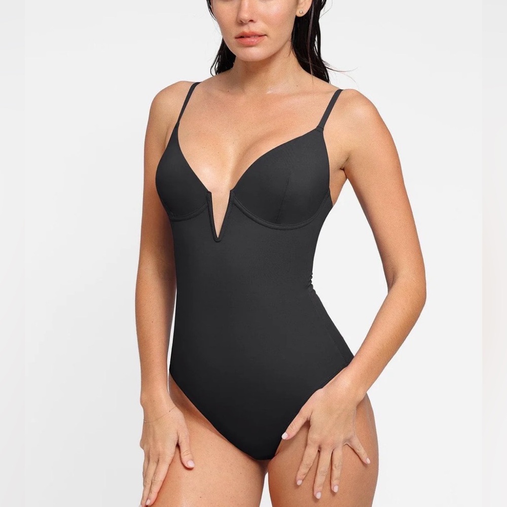 Black V-Notch One-Piece Swimsuit - Sleek Supportive Design